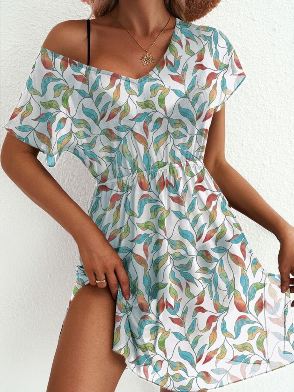 White Floral Printed Short Sleeve Mini Dress